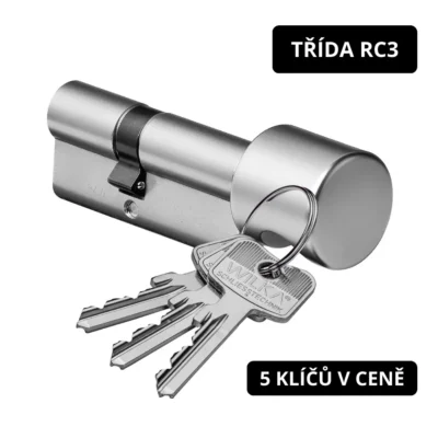 Bezpečnostní vložka s knoflíkem. Cylindrická vložka Wilka bezpečnostní třídy RC3 s interiérovým knoflíkem (olivkou) v povrchové úpravě matný nikl.