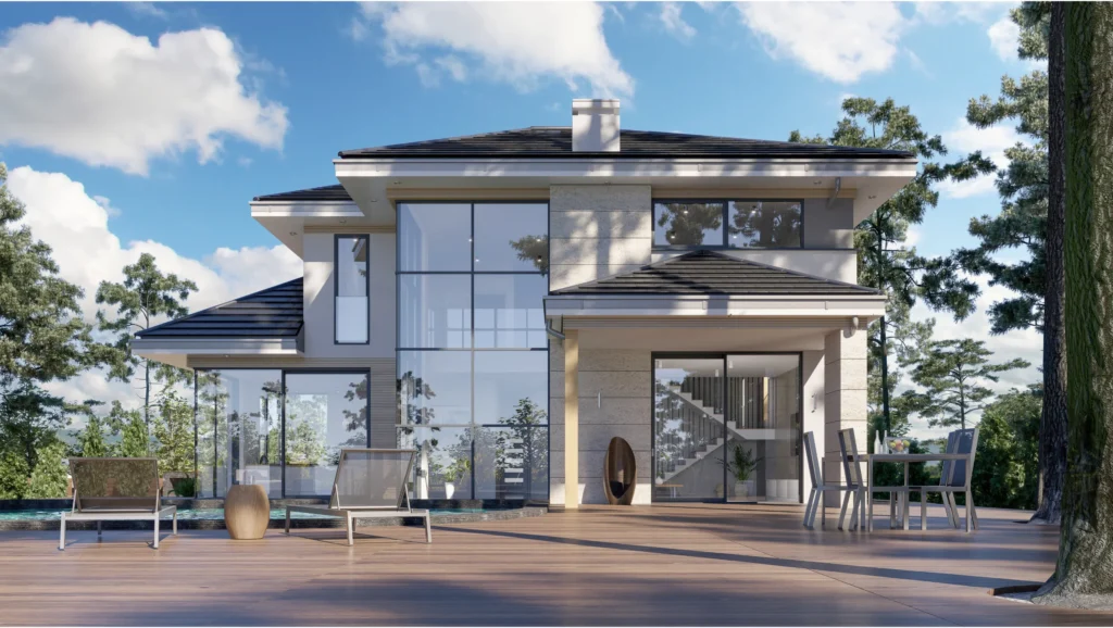 Moderní rodinný dům s velkoformátovou prosklenou fasádou z hliníkových systémů Aluron. SYLUNYX