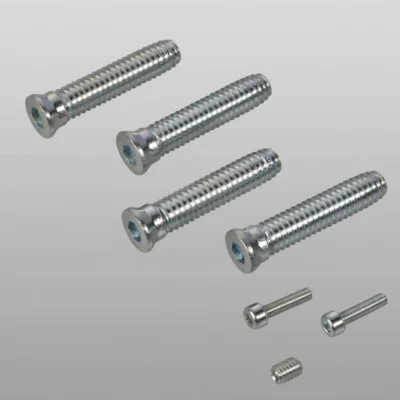 Detailní pohled na samořezné šrouby STANDARD a zajišťovací červíky pro klasickou montáž pantů Savio Mechanica.