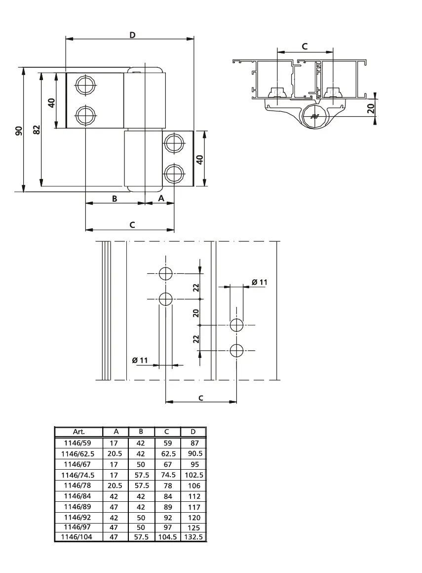 Douvdílný závěs pro hliníkové dveře Savio Mechanica 1146 (Rozteč 62,5 mm) Technický výkres a rozměry pro třídílný pant Savio Mechanica 1146.3
