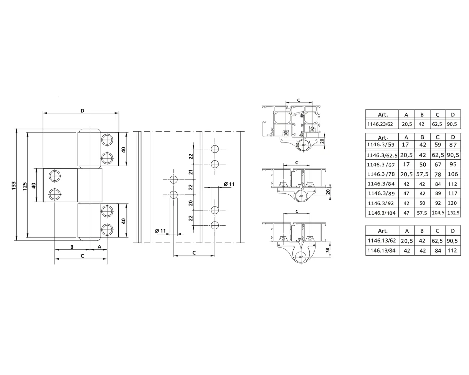 Třídílný závěs pro hliníkové dveře Savio Mechanica 1146.3 (Rozteč 62,5 mm) Třídílný závěs pro hliníkové dveře Savio Mechanica 1146.3 (Rozteč 62,5 mm) - Obrázek 2