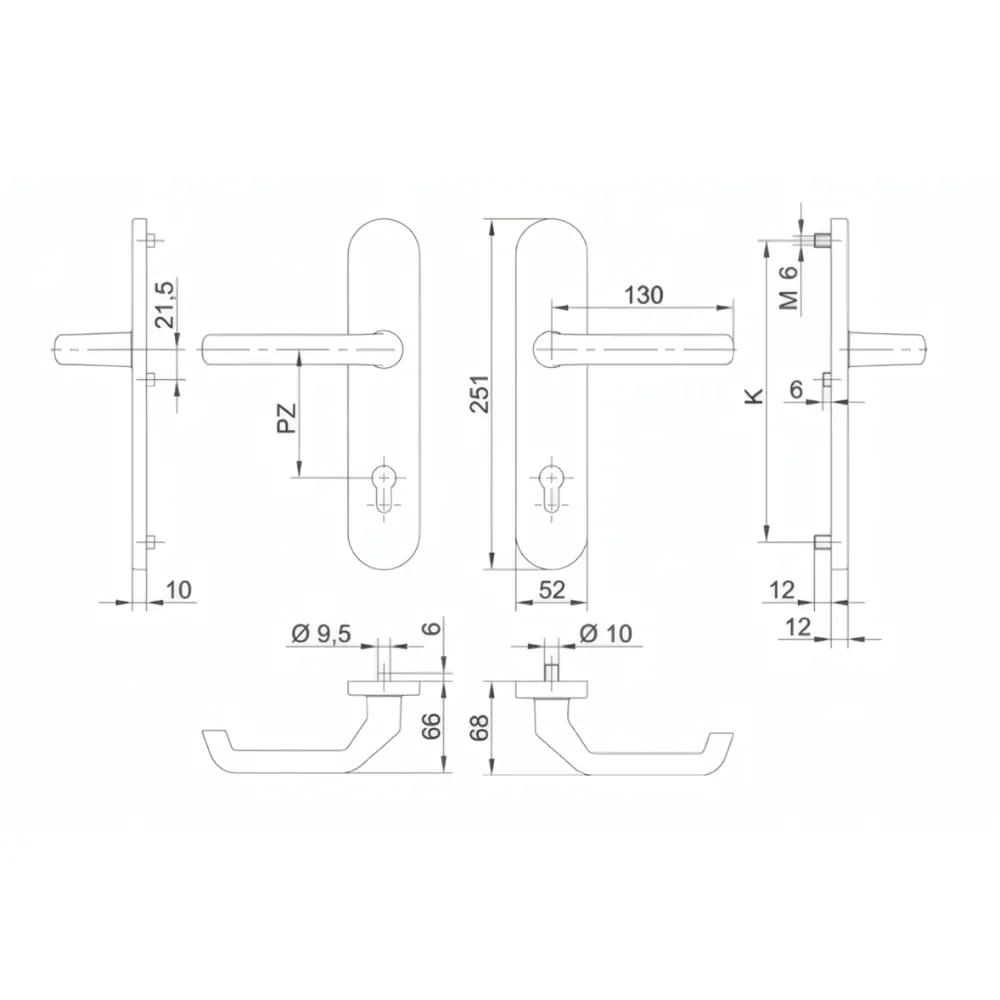 Bezpečnostní vchodová klika FKS 52A/1200 (PZ 92 mm) Technický výkres a rozměry bezpečnostního kování FKS 52A/1200 klika-klika s roztečí 92 mm